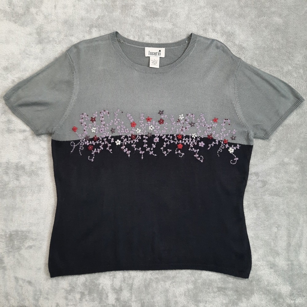 VTG Sweater Womens Large Embroidered Floral Gray Black Colorblock 90s Whimsigoth